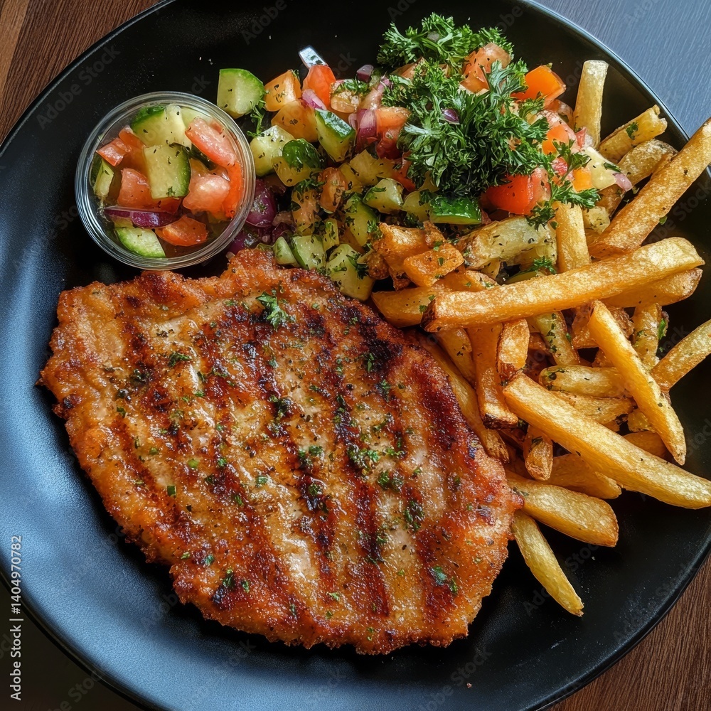 Pork chop, fries, and salad.