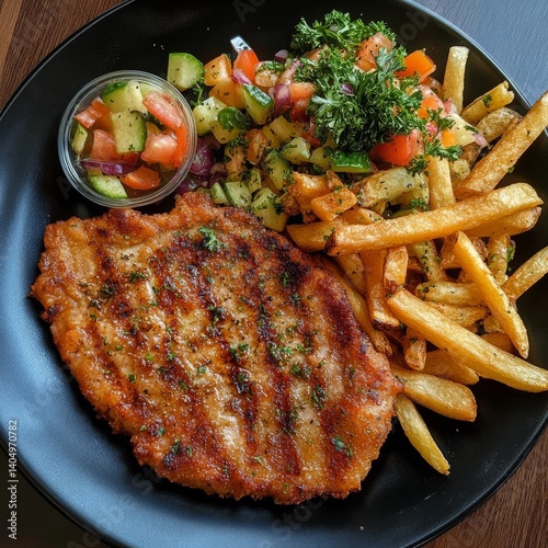 Obraz na płótnie Pork chop, fries, and salad. w salonie