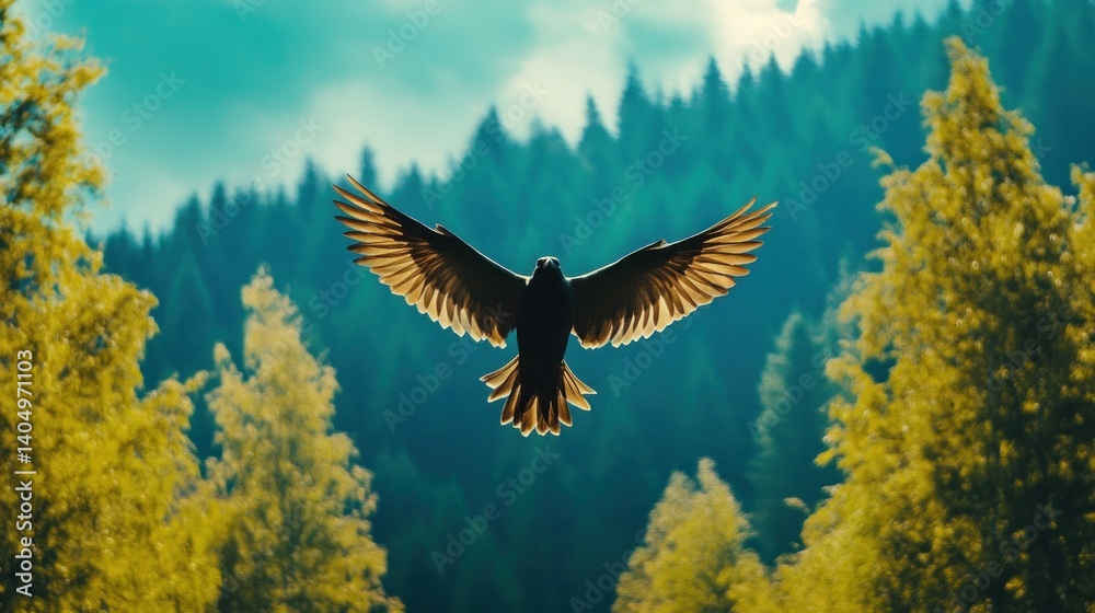Obraz premium Silhouette of a bird in flight, soaring above a lush forest landscape.