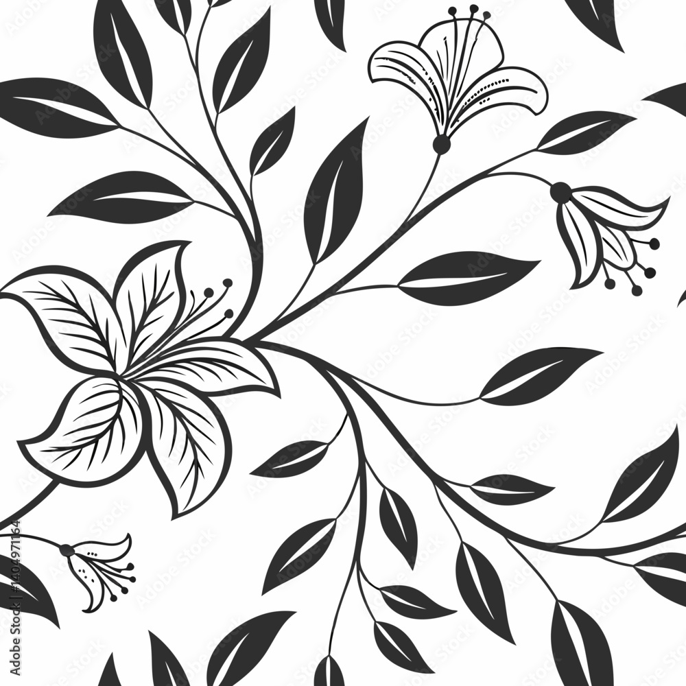 Fototapeta premium Seamless vector floral pattern with black leaves and flowers 