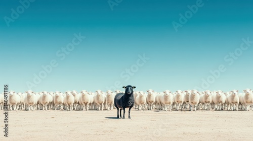 Black sheep standing out from the crowd of white sheep