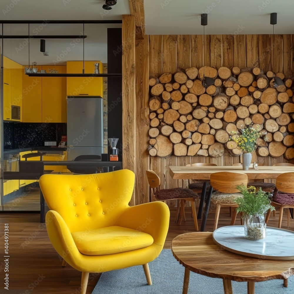 Yellow armchair, logs, wood decor in natural apartment with dining.