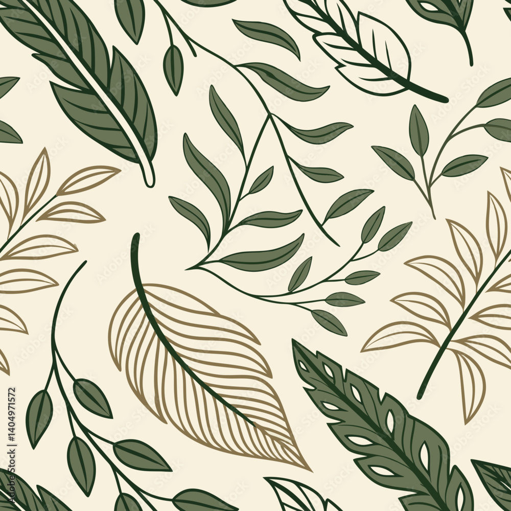 Fototapeta premium Seamless vector leaf pattern with green foliage on beige background 