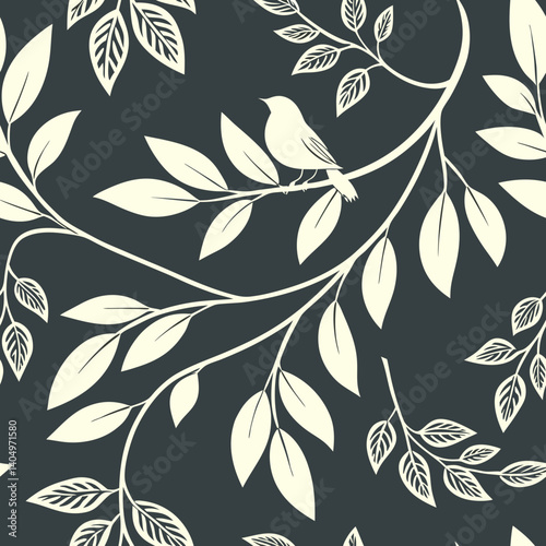 Seamless vector pattern with leaves and a bird against dark background  