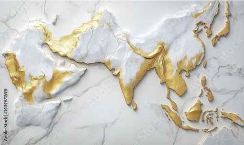 Gold-accented Asia map on marble; design, decor
