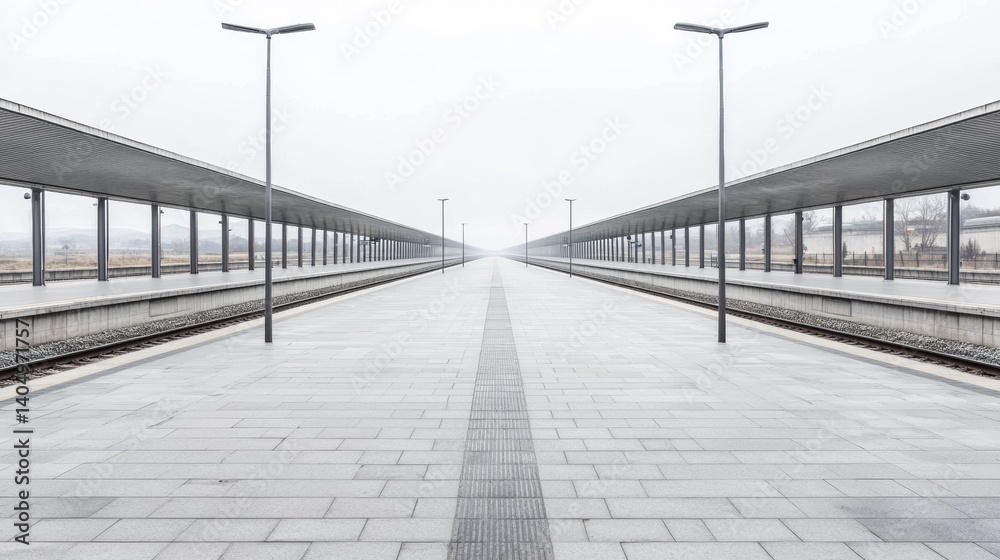 Obraz premium A long train station with a gray roof and gray pavement.