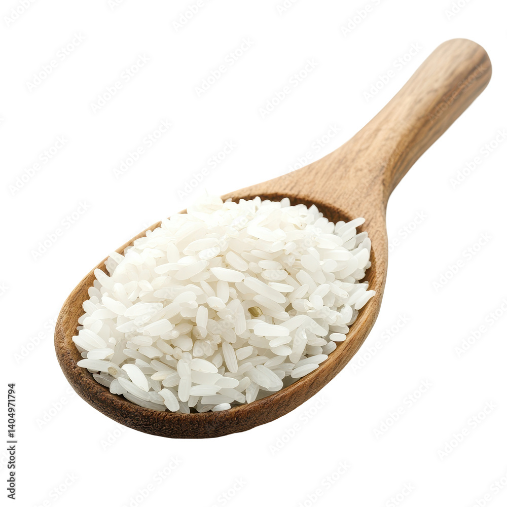 White rice in a wooden spoon isolated on Transparent background captures simplicity and natural grace, white rice in wood spoon isolated on PNG background