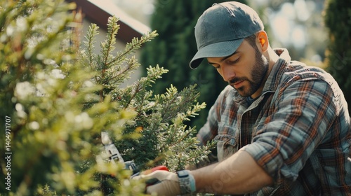 Landscaper trimming trees in a backyard. Featuring garden care and outdoor beautification