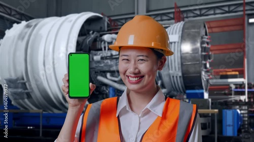 Wallpaper Mural Close Up Of Asian Female Engineer With Safety Helmet Smiling And Showing Green Screen Smartphone To The Camera With Airplane Engine Maintenance Conducted Torontodigital.ca