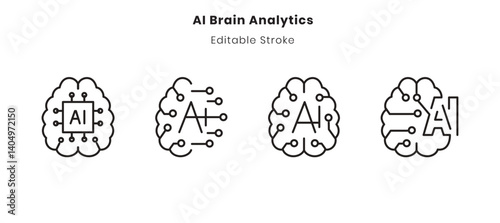 Editable AI Brain Line Icons Set, Neural Network, Data Analysis and Digital Technology Vector