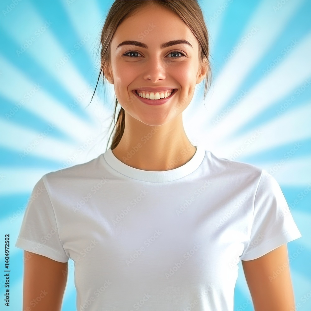 Smiling woman in white tee against blue rays, close-up.