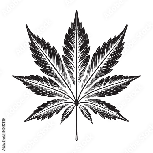 Detailed Illustration of a Stylized Cannabis Leaf Isolated on White