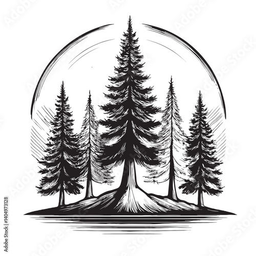 Black and White Illustration of Pine Trees in Circle Design