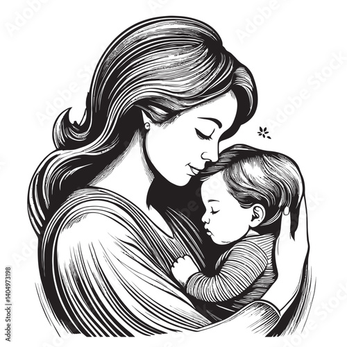 Emotive Mother and Baby Embrace in Detailed Black and White Art
