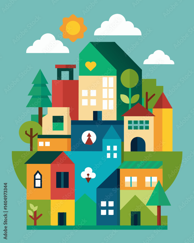 A neighborhood art project created entirely from recycled materials found within the community.. Vector illustration A neighborhood art project created entirely from recycled materials found within the community.. Vector illustration