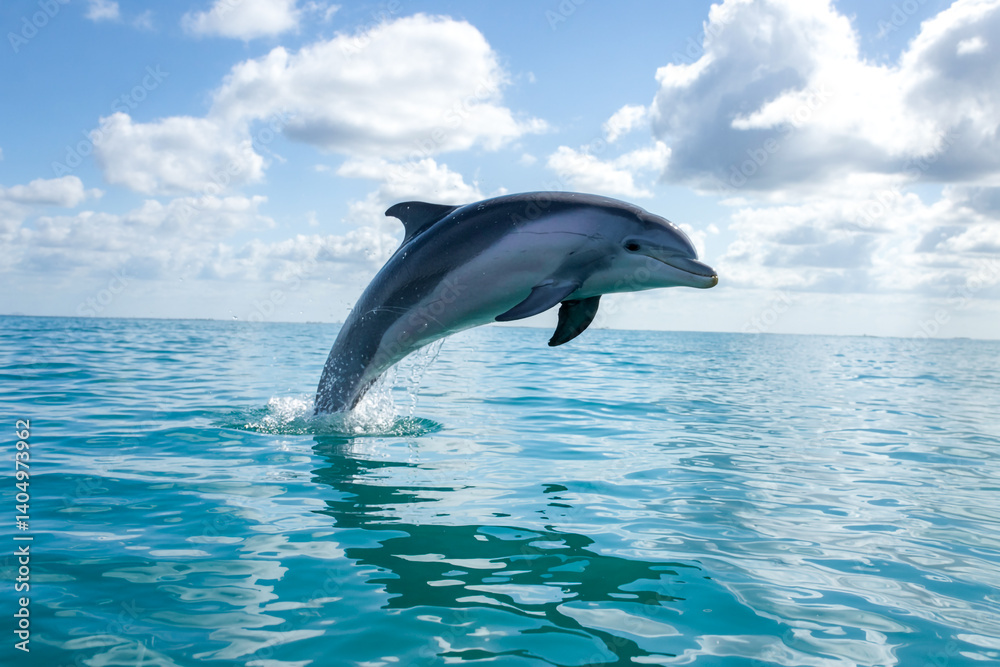 Fototapeta premium Bottlenose Dolphin Leaping Out Of The Crystal Blue Ocean Water