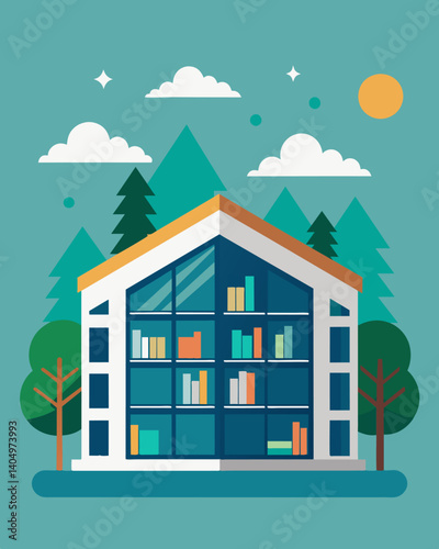 A public library utilizing natural ventilation and LED lighting to decrease energy usage and costs.. Vector illustration