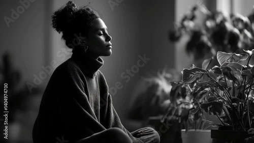 Yoga practitioner in child's pose surrounded by lush houseplants