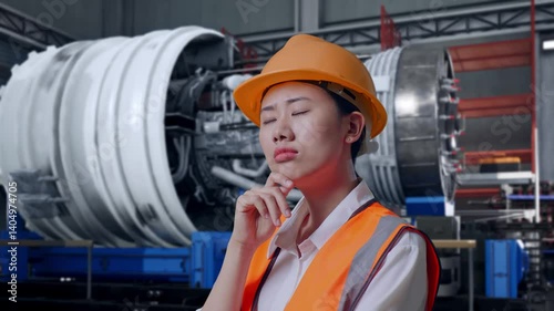 Wallpaper Mural Close Up Side View Of Asian Female Engineer With Safety Helmet Thinking And Looking Around Then Raising Her Index Finger While Standing With Airplane Engine Maintenance Conducted Torontodigital.ca