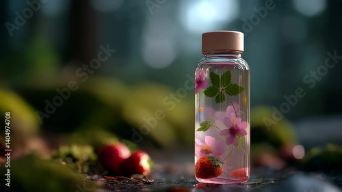 Refreshing fruit-infused water bottle in a tranquil nature setting