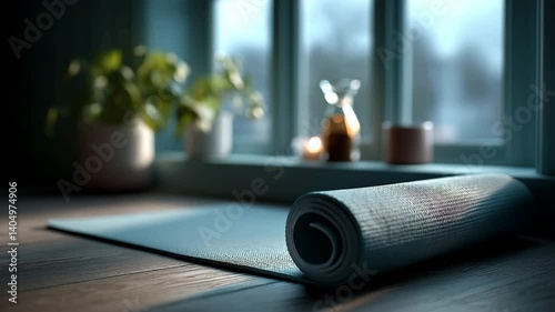 Serene yoga mat on wooden floor in natural light