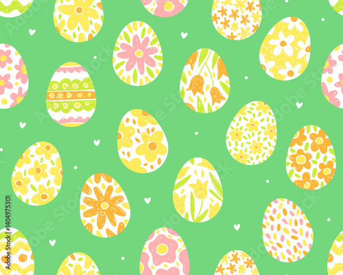Seamless pattern for Easter day. Various Easter eggs with floral patterns, green background. Cute illustration, pastel colors.	