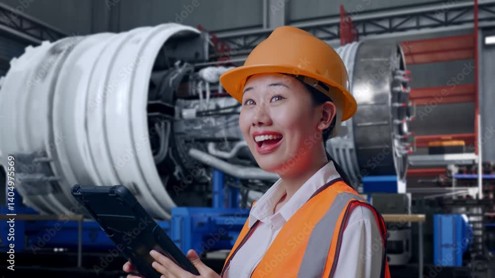 custom made wallpaper toronto digitalClose Up Side View Of Asian Female Engineer With Safety Helmet Looking At The Tablet In Her Hand And Looking Around While Standing With Airplane Engine Maintenance Conducted