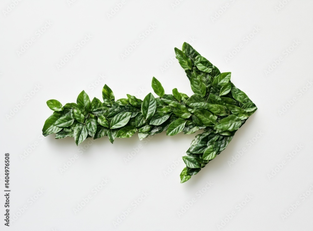 Green Leaf Arrow Pointing Right on White Background Conceptual Image Green Leaf Arrow Pointing Right on White Background Conceptual Image