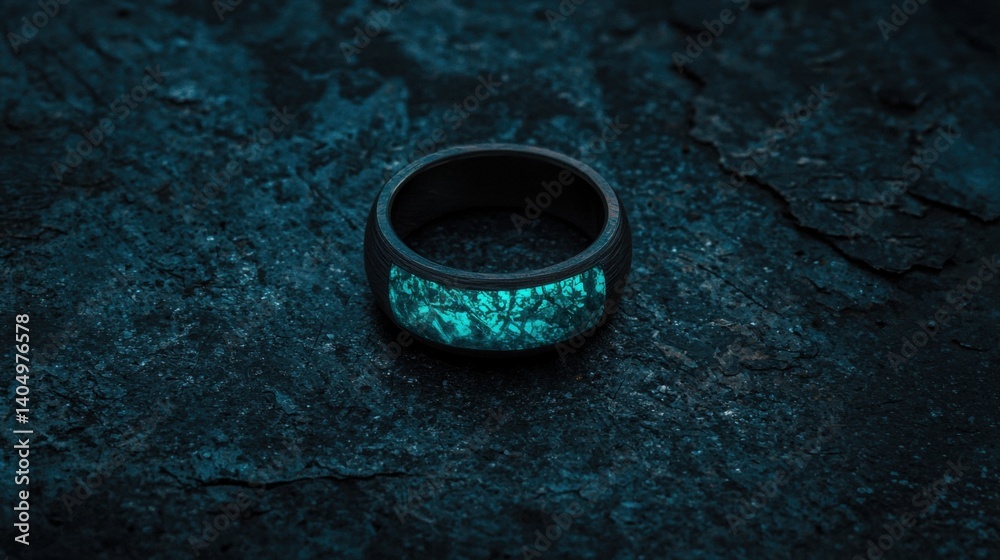 A black ring with a glowing turquoise stone in the center. A black ring with a glowing turquoise stone in the center.