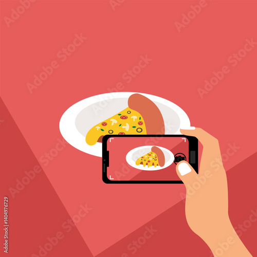 Close up of hand taking picture of garnished food serving in a plate at cafe or restaurant vector illustration. food blogging concept.