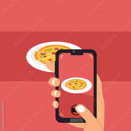 Close up of hand taking picture of garnished food serving in a plate at cafe or restaurant vector illustration. food blogging concept.