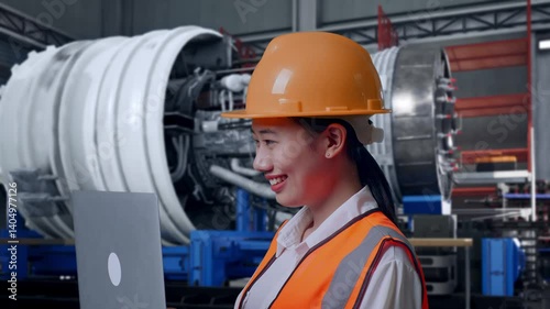 Wallpaper Mural Close Up Side View Of Asian Female Engineer With Safety Helmet Working On A Laptop And Looking Around While Standing With Airplane Engine Maintenance Conducted Torontodigital.ca