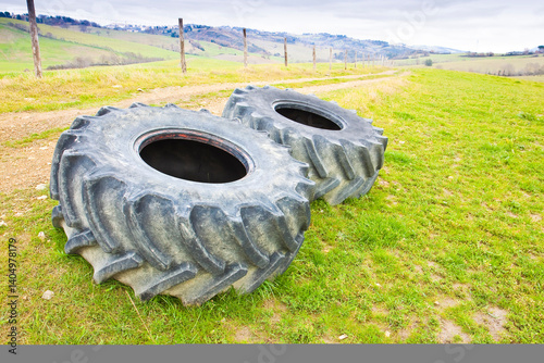 Old dismounted used pair of tires of a big tractor left in a country road