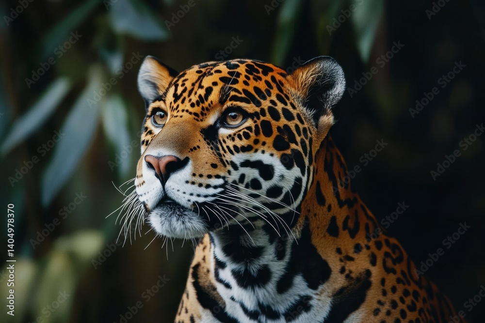 Obraz premium Close-up Portrait of a Majestic Jaguar Looking Upward with Intense Gaze