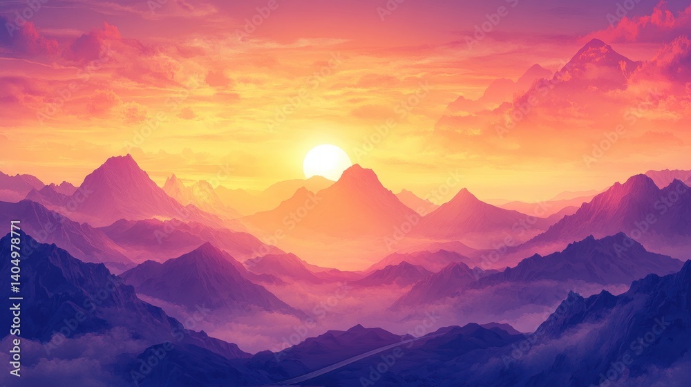 Fototapeta premium Mountain Peaks at Sunset with Colorful Sky and Fog Landscape