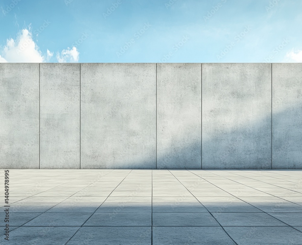 Fototapeta premium Modern Concrete Wall and Tiled Floor with Sky Background Copy Space