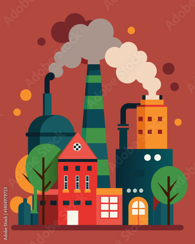The pungent smell of industrial waste fills the air causing many nearby residents to suffer from respiratory problems.. Vector illustration