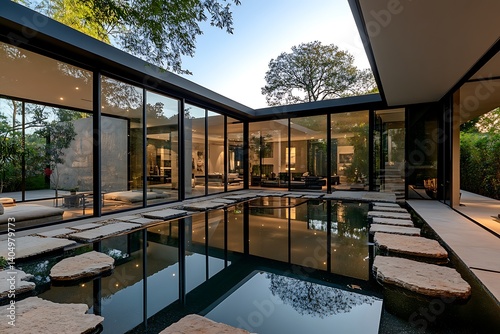 A modern luxury home with large glass windows that open up to a serene pool surrounded by stone paths  creating a tranquil and inviting atmosphere.