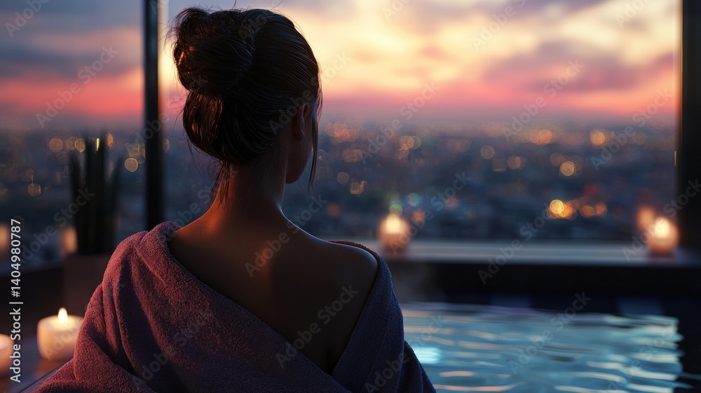 Fototapeta premium Serene Sunset Cityscape: Woman Relaxing in a Rooftop Bath