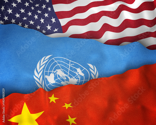 Illustration of USA, United Nations, and China flags together, representing global diplomacy, international governance, and multilateral challenges.