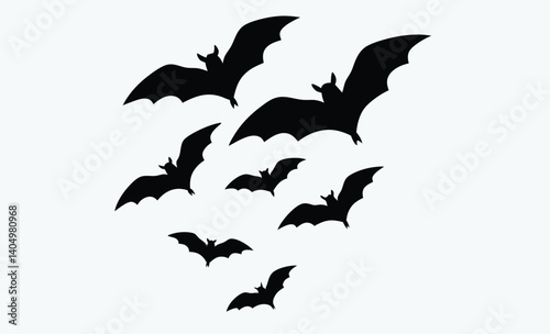 Flying flock of bats silhouette, large flock of bats on a white background