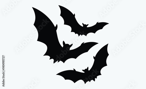 Flying flock of bats silhouette, large flock of bats on a white background