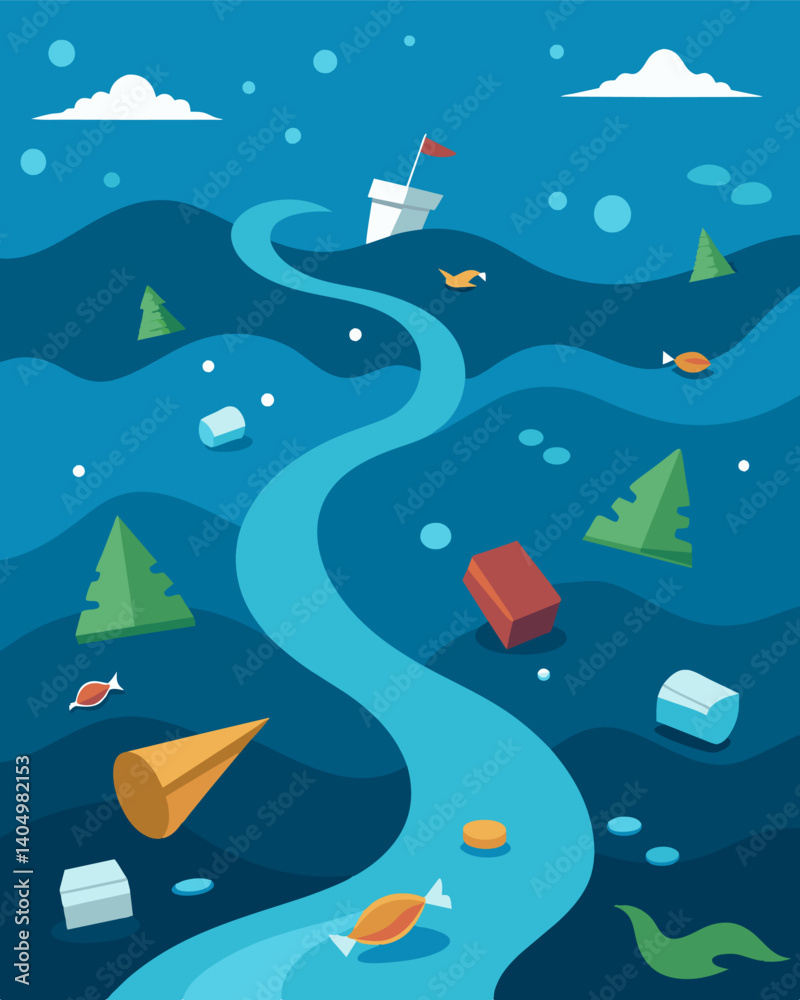 Pieces of litter float downstream caught in the current and slowly making their way towards the ocean.. Vector illustration Pieces of litter float downstream caught in the current and slowly making their way towards the ocean.. Vector illustration