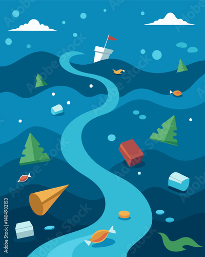 Pieces of litter float downstream caught in the current and slowly making their way towards the ocean.. Vector illustration