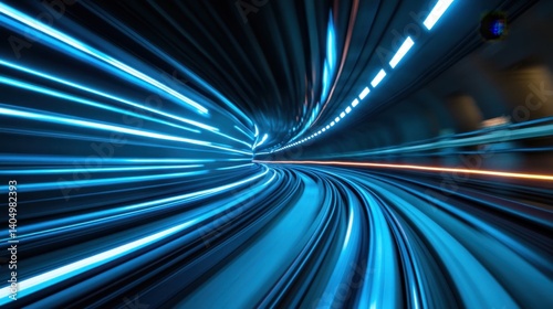 Streaking blue and white light trails converge into a tunnel perspective, creating a sense of rapid motion and speed