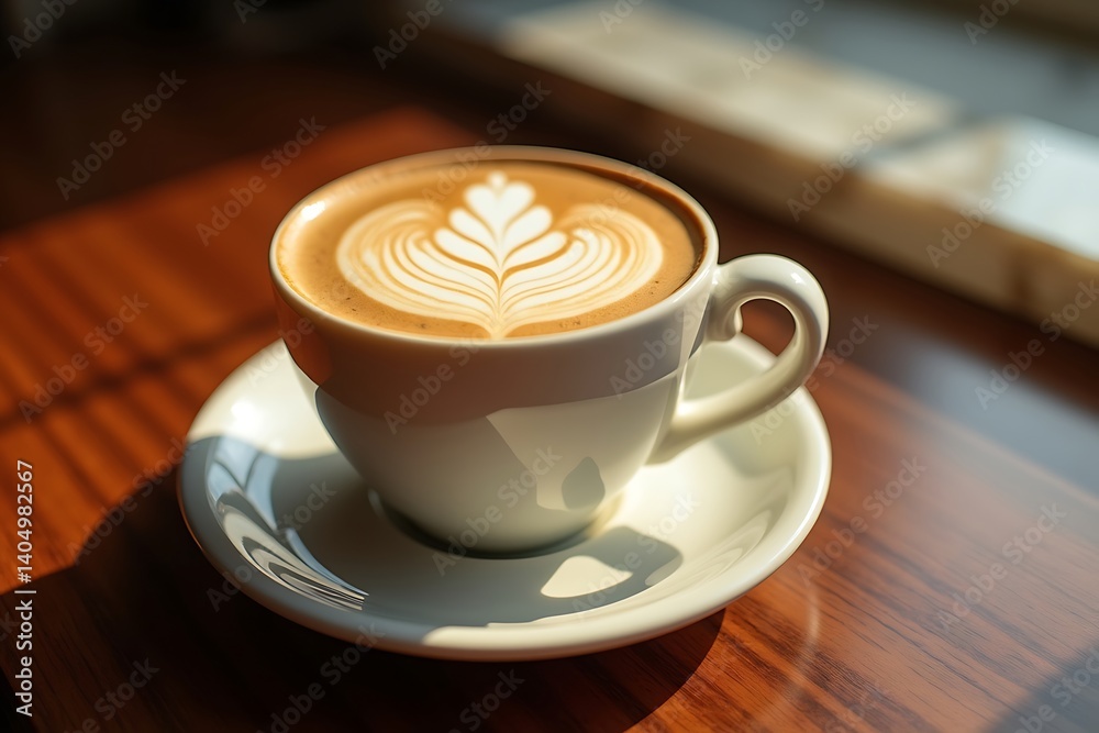Artisanal Latte with Classic Tulip Design on Wooden Table in Morning Light Artisanal Latte with Classic Tulip Design on Wooden Table in Morning Light