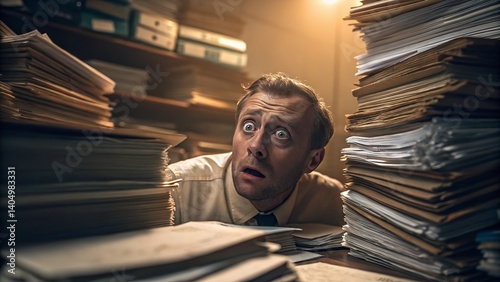 A wide-eyed man is surrounded by an overwhelming amount of paperwork in a cluttered office, looking stressed.