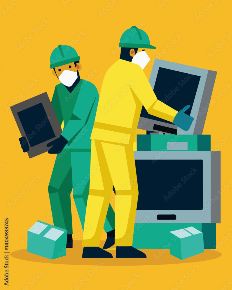 Workers in protective gear inspecting and sorting through stacks of discarded TVs and removing their usable parts for recycling.. Vector illustration Workers in protective gear inspecting and sorting through stacks of discarded TVs and removing their usable parts for recycling.. Vector illustration