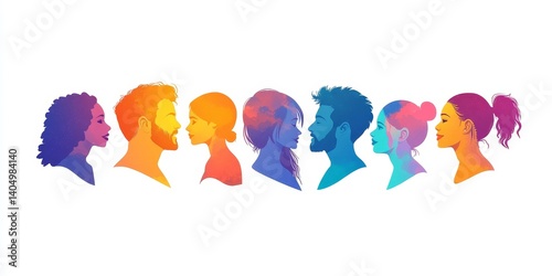 Speech bubble.Silhouette heads people in profile.Talking dialogue and inform.Communicate between a group of multiethnic and multicultural people who talk and share ideas.Diversity, Generative AI