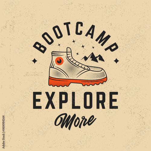 Bootcamp logo with hiking boot, mountains and stars in vintage retro style. Great for trekking, hiking and outdoor gear branding. Hiking boot logo in vintage retro style. Vector illustration
